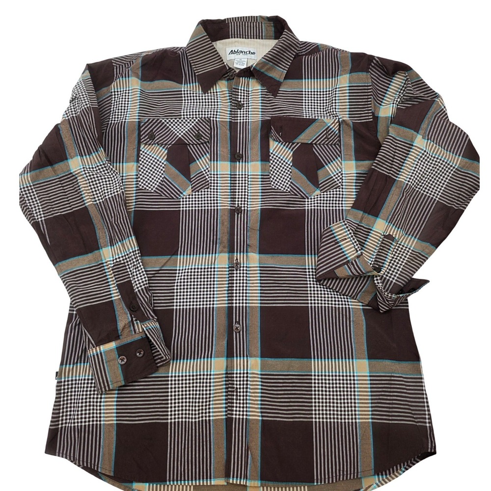 Hipster Ablanche Button Down Shirt Men XL Brown Plaid Long Sleeve Pocket Classic